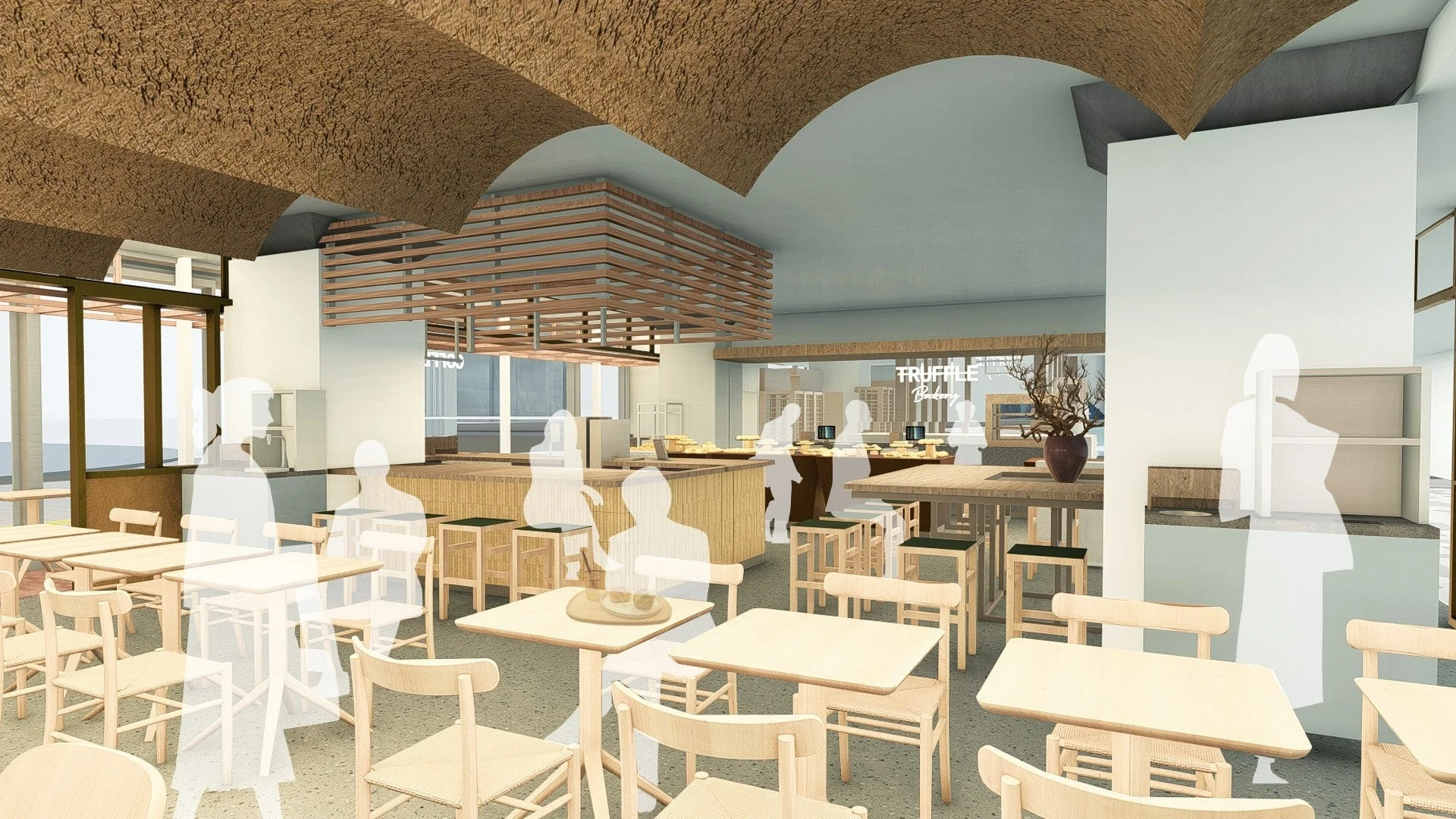 弧を描く天井と木製家具が特徴のモダンなカフェのインテリア