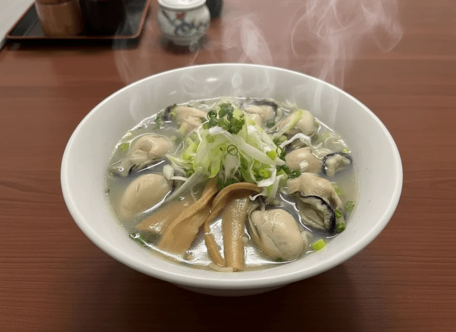 湯気が立ち上る温かい牡蠣ラーメン