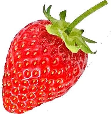 白い背景に、鮮やかな赤色をした新鮮ないちごが一つ写っています。緑色のヘタがついており、表面のつぶつぶもはっきりと見えます。シンプルながらも美味しそうな印象を与える画像です。