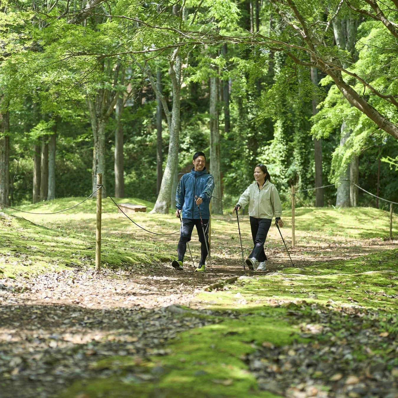 森の小道をノルディックウォーキングする男女